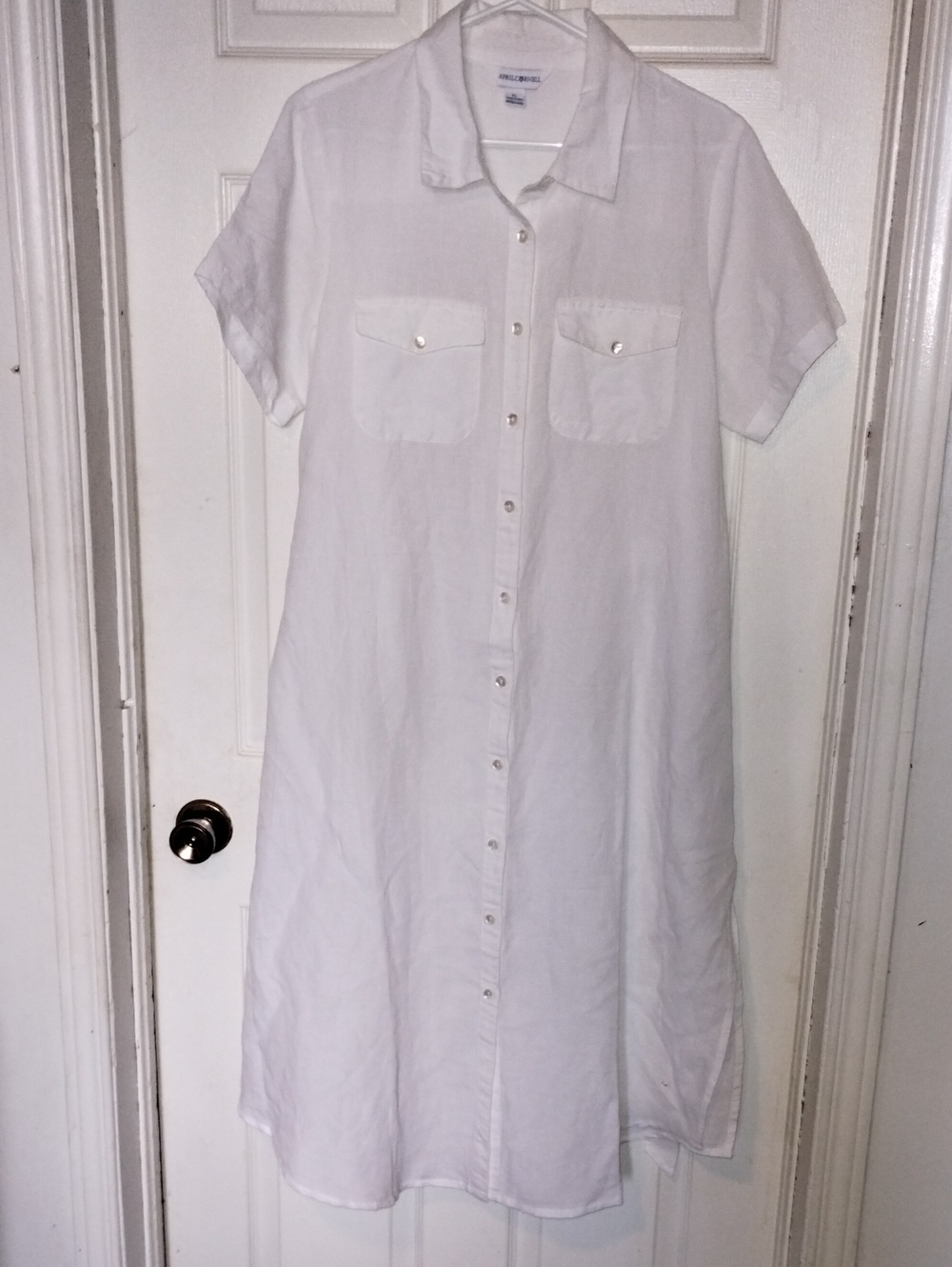 • April Cornell White Cotton Linen Button Front Midi Dress with Pockets. XL